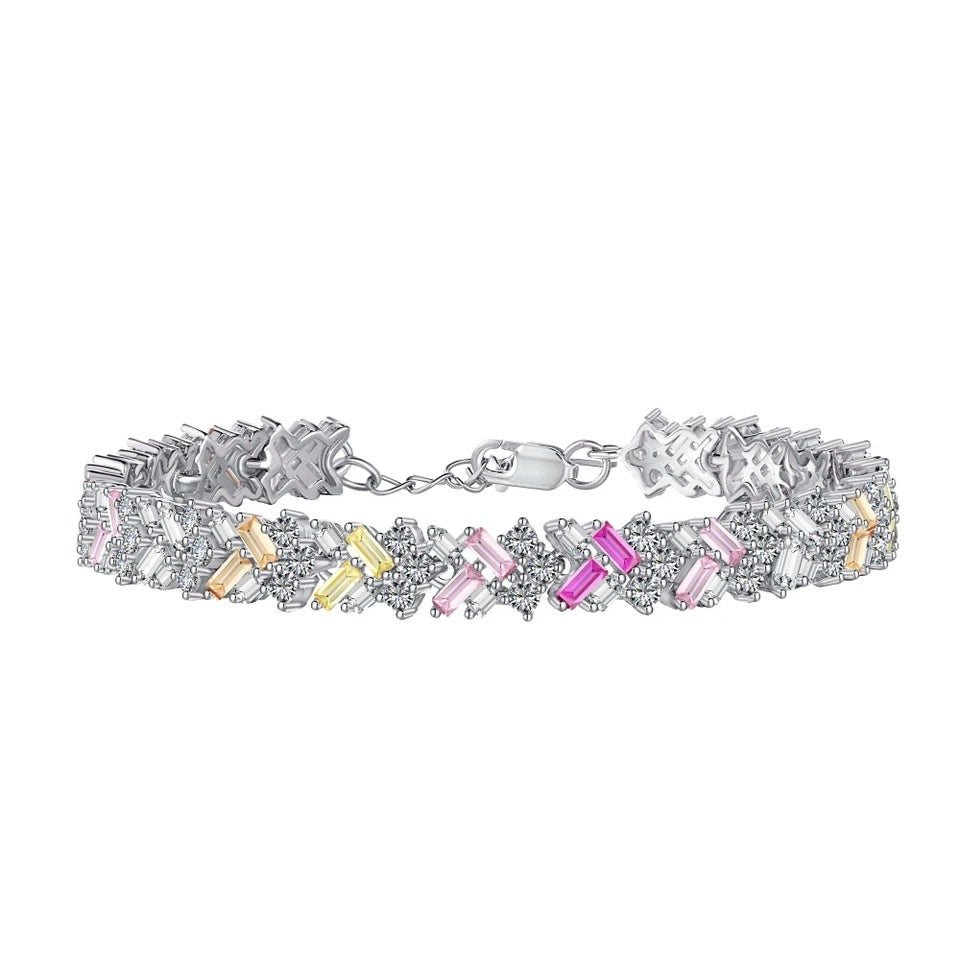 925 silver, rhodium-plated bracelet, with baguette-shaped, hand-inlaid zirkonia in pastel colors. 