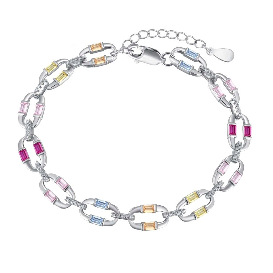 A 925 silver, rhodium-plated chainlink bracelet, hand-inlaid with pastel colored zirkonia. 