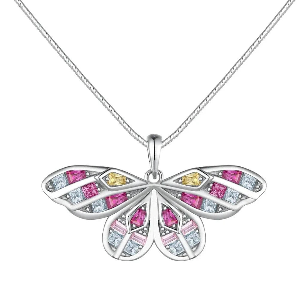 925 zilveren, rhodium-plated ketting met vlinder hanger, bezet met pastelkleurige zirkona.