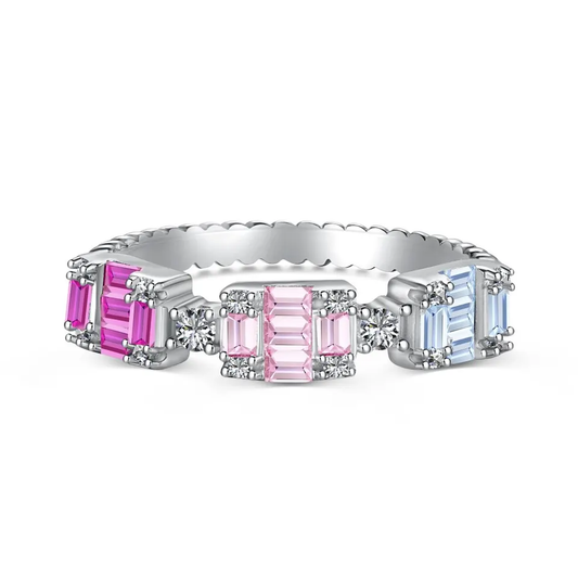 Silver, rhodium-plated shackle ring with hand-inlaid pastel colored zirkonia.